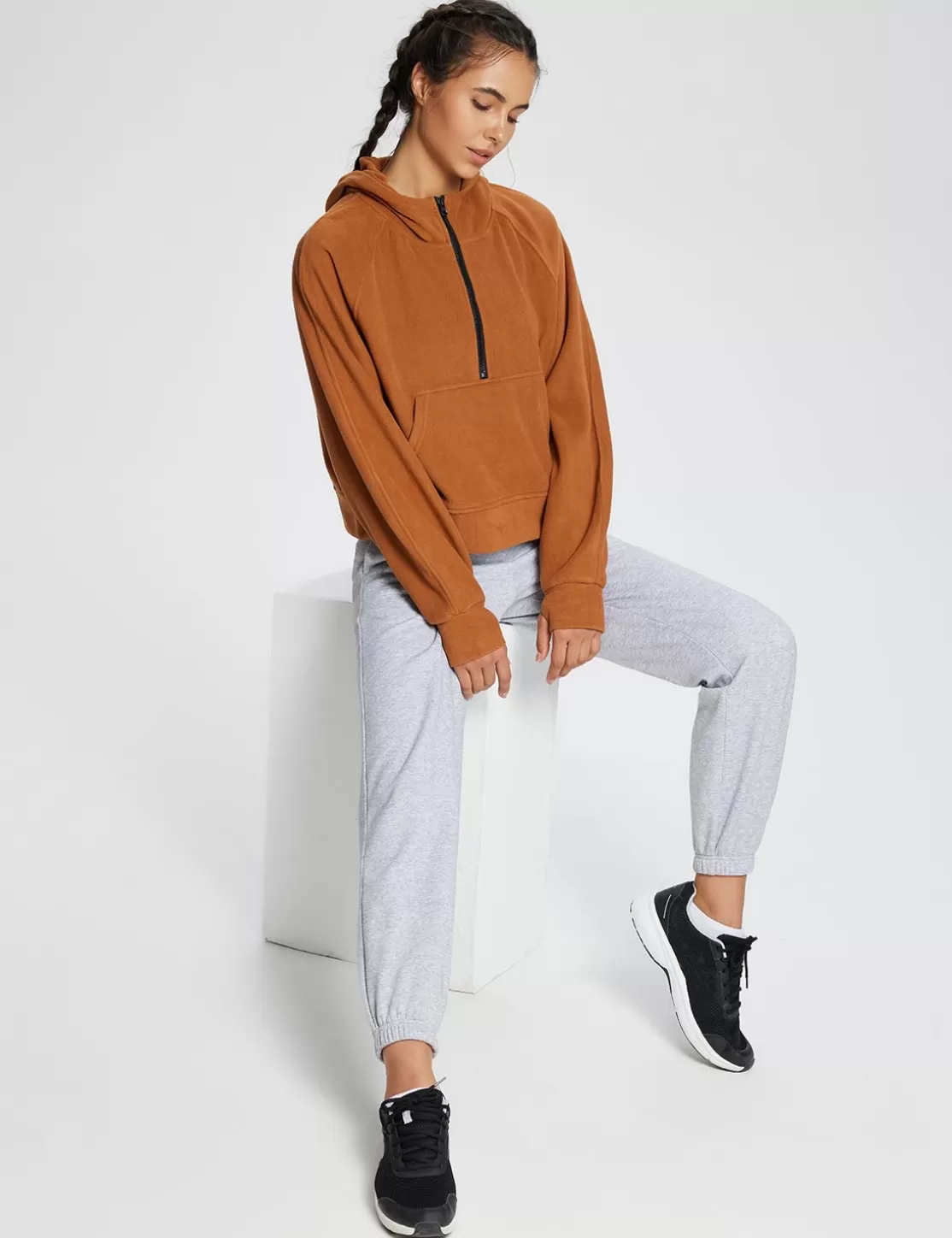 Store Thermal Hooded Cropped Pullover Women Fleece-Lined